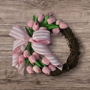 Handmade Charming Pink Tulip Wreath with Striped Bow Spring Wreath